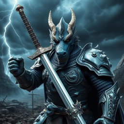 A fierce dragon-faced armored swordsman, showcasing a striking appearance with detailed scales in shades of sapphire and silver covering his visage