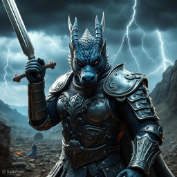 A fierce dragon-faced armored swordsman, showcasing a striking appearance with detailed scales in shades of sapphire and silver covering his visage