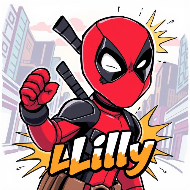 A graphic illustration of Deadpool, the popular Marvel anti-hero, in a dynamic pose with a playful expression, showcasing his iconic red and black suit and full mask