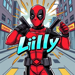 A graphic illustration of Deadpool, the popular Marvel anti-hero, in a dynamic pose with a playful expression, showcasing his iconic red and black suit and full mask