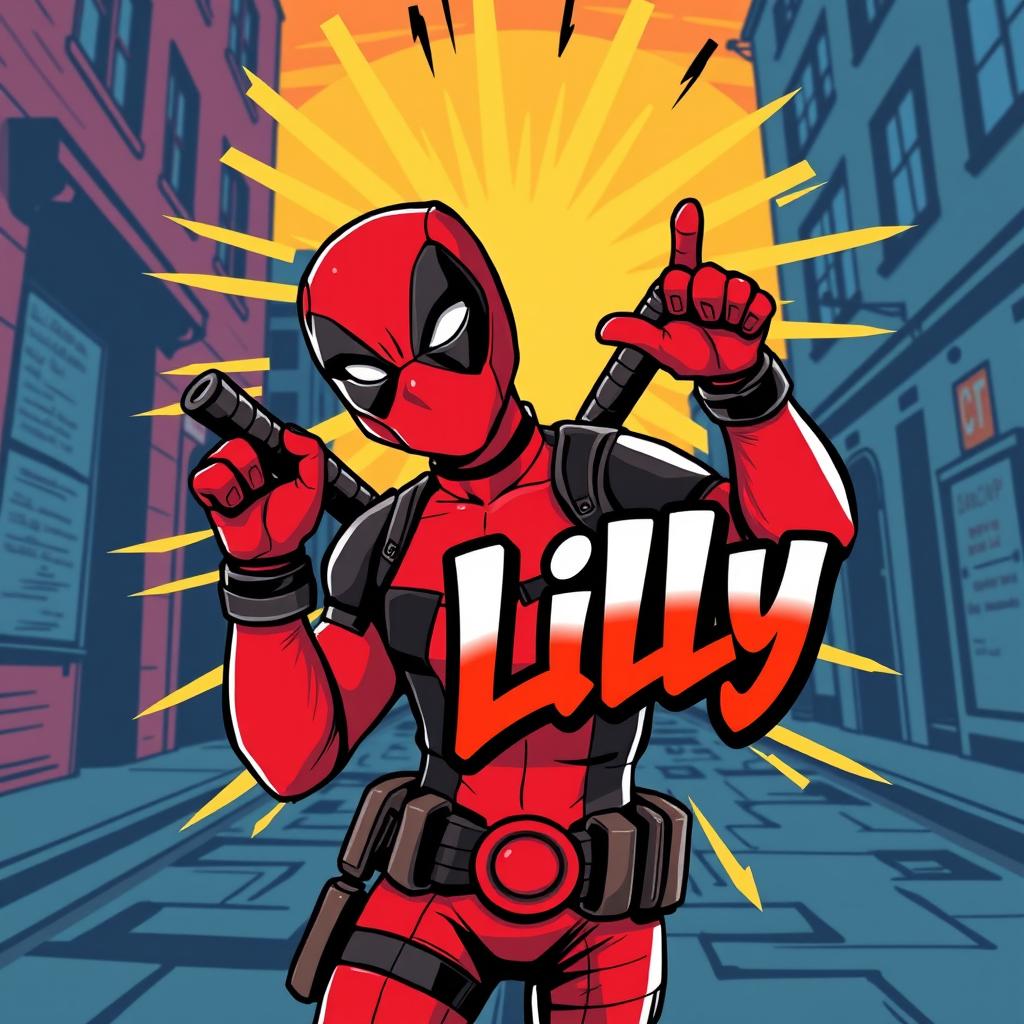 A graphic illustration of Deadpool, the popular Marvel anti-hero, in a dynamic pose with a playful expression, showcasing his iconic red and black suit and full mask