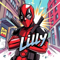 A graphic illustration of Deadpool, the popular Marvel anti-hero, in a dynamic pose with a playful expression, showcasing his iconic red and black suit and full mask
