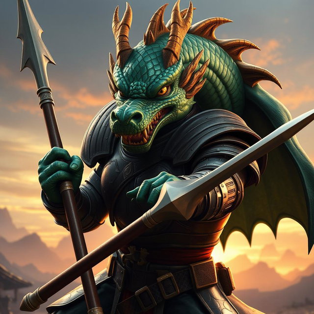 A formidable dragon-faced soldier, showcasing an impressive and fierce visage that blends human and dragon features