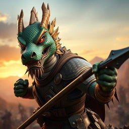 A formidable dragon-faced soldier, showcasing an impressive and fierce visage that blends human and dragon features
