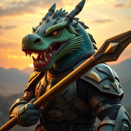 A formidable dragon-faced soldier, showcasing an impressive and fierce visage that blends human and dragon features