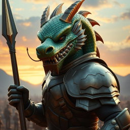 A formidable dragon-faced soldier, showcasing an impressive and fierce visage that blends human and dragon features