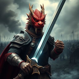 A fierce dragon-faced soldier holding a sword, displaying a commanding presence