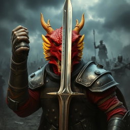 A fierce dragon-faced soldier holding a sword, displaying a commanding presence