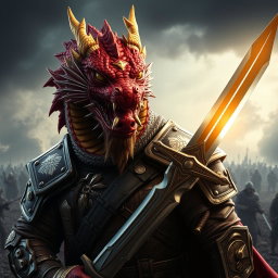 A fierce dragon-faced soldier holding a sword, displaying a commanding presence
