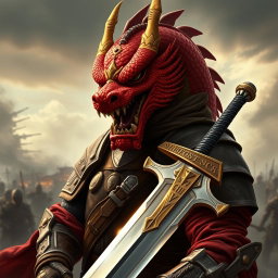 A fierce dragon-faced soldier holding a sword, displaying a commanding presence