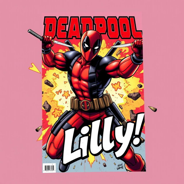 A dynamic comic book cover featuring the character Deadpool in an action pose, showcasing his signature red and black suit, holding dual katanas with an energetic expression