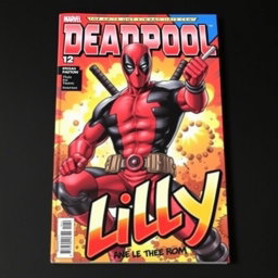 A dynamic comic book cover featuring the character Deadpool in an action pose, showcasing his signature red and black suit, holding dual katanas with an energetic expression