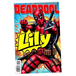 A dynamic comic book cover featuring the character Deadpool in an action pose, showcasing his signature red and black suit, holding dual katanas with an energetic expression