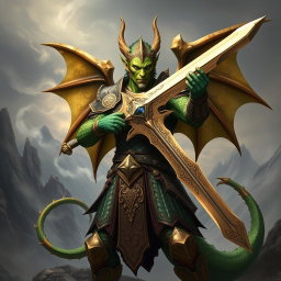 A powerful dragonborn soldier wielding a sword, capturing the essence of both dragon and warrior