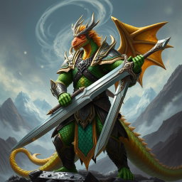 A powerful dragonborn soldier wielding a sword, capturing the essence of both dragon and warrior
