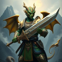A powerful dragonborn soldier wielding a sword, capturing the essence of both dragon and warrior