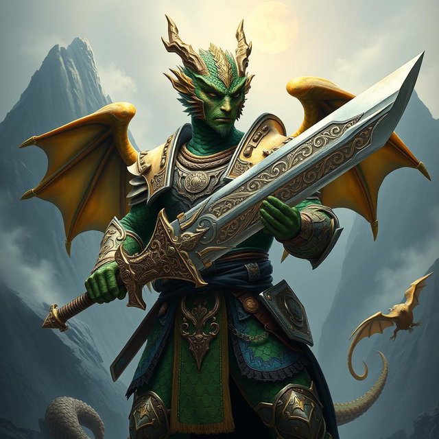 A powerful dragonborn soldier wielding a sword, capturing the essence of both dragon and warrior