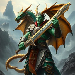 A powerful dragonborn soldier wielding a sword, capturing the essence of both dragon and warrior