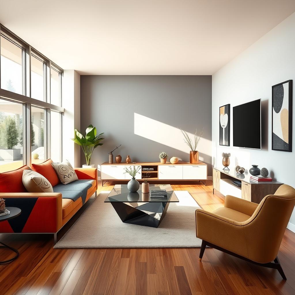 A contemporary living room design featuring modernized furniture