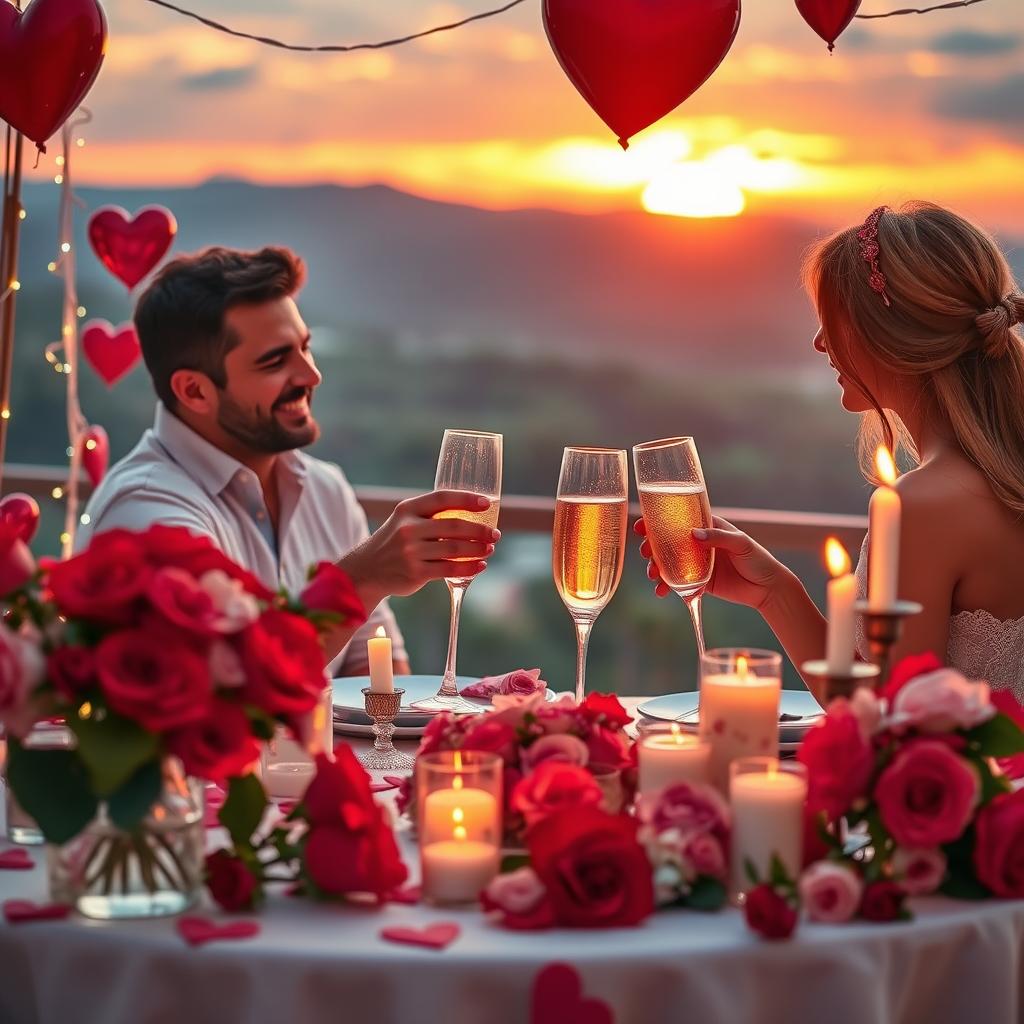 A vibrant and romantic scene celebrating Valentine's Day, featuring a beautifully arranged table with a candlelit dinner set up, adorned with red and pink roses, heart-shaped decorations, and sparkling fairy lights