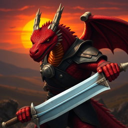 A fierce red dragonborn soldier wielding a regular sword, presenting a striking figure full of strength and determination