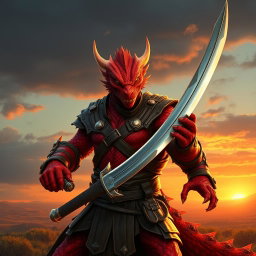 A fierce red dragonborn soldier wielding a regular sword, presenting a striking figure full of strength and determination
