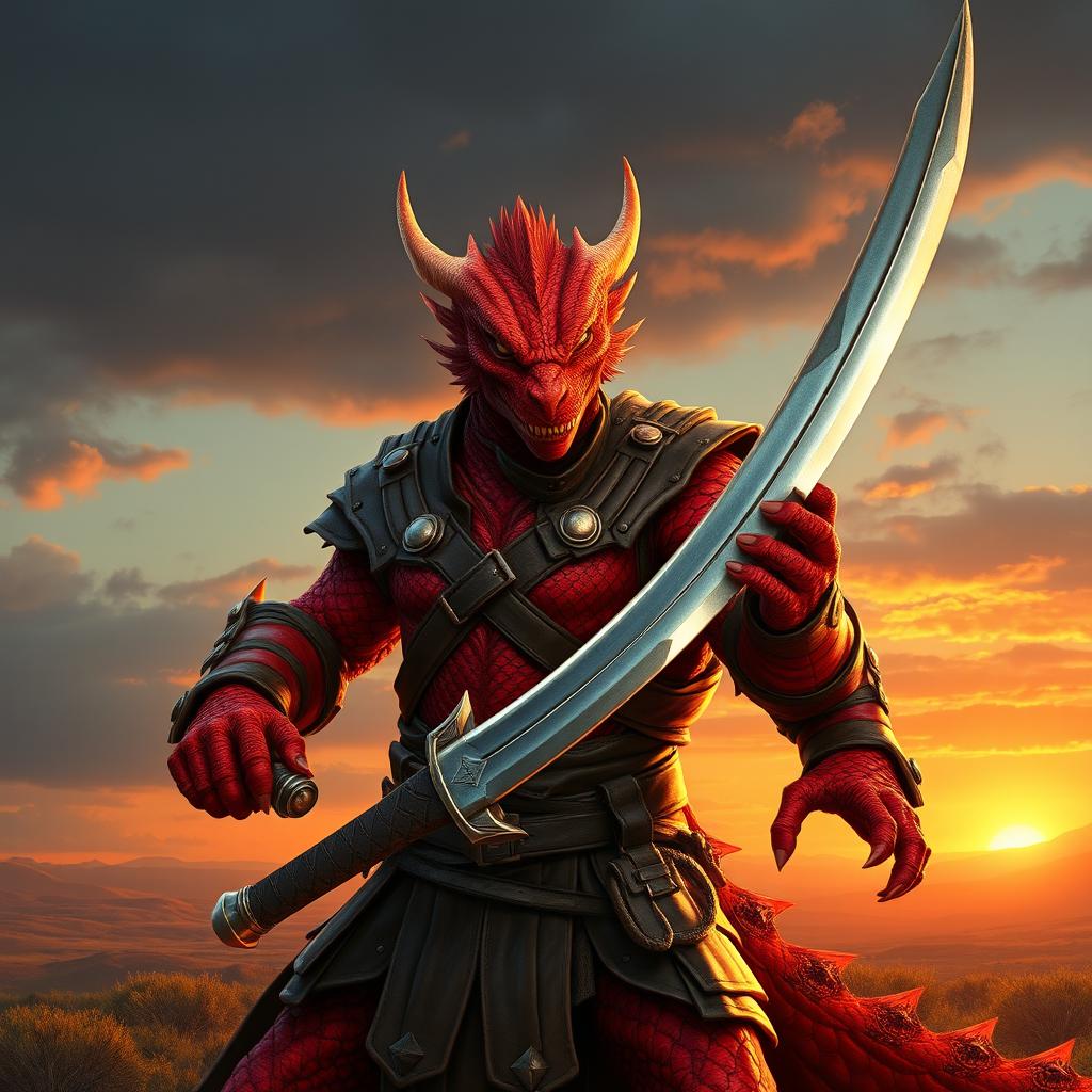 A fierce red dragonborn soldier wielding a regular sword, presenting a striking figure full of strength and determination