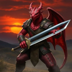 A fierce red dragonborn soldier wielding a regular sword, presenting a striking figure full of strength and determination