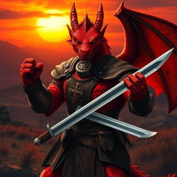 A fierce red dragonborn soldier wielding a regular sword, presenting a striking figure full of strength and determination