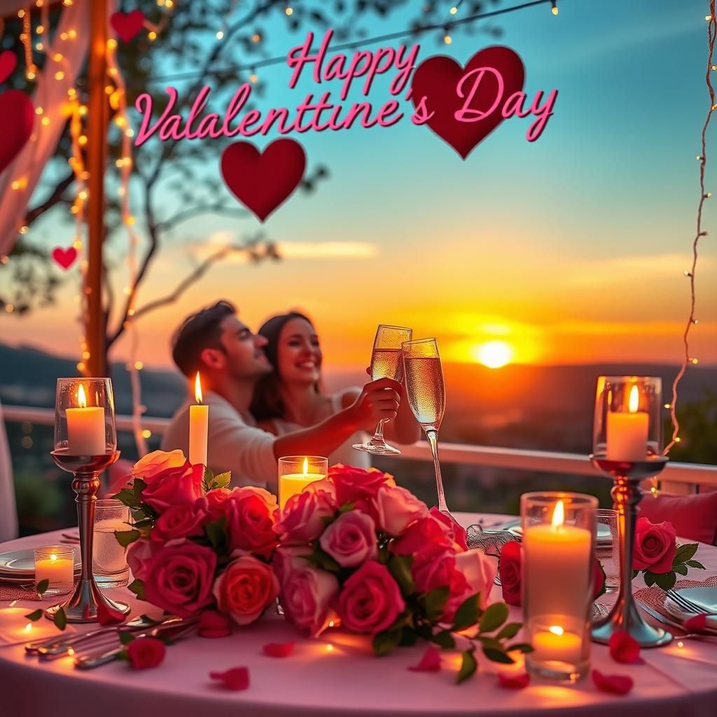 A vibrant and romantic scene celebrating Valentine's Day, featuring a beautifully arranged table with a candlelit dinner setup, adorned with red and pink roses, heart-shaped decorations, and sparkling fairy lights
