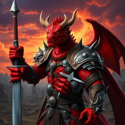 A fierce red dragonborn in intricately detailed armor, wielding a regular sword with confidence