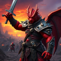 A fierce red dragonborn in intricately detailed armor, wielding a regular sword with confidence
