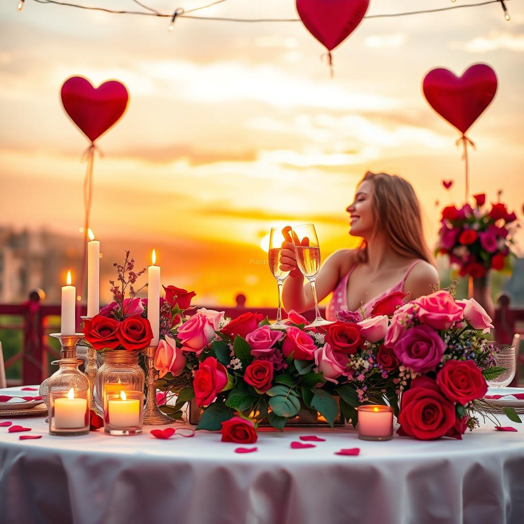 A vibrant and romantic scene celebrating Valentine's Day, featuring a beautifully arranged table with a candlelit dinner setting, adorned with red and pink roses, heart-shaped decorations, and sparkling fairy lights