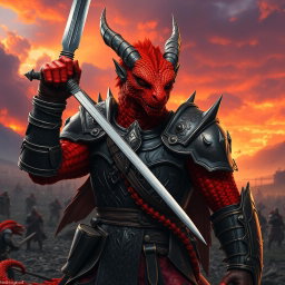 A fierce red dragonborn in intricately detailed armor, wielding a regular sword with confidence