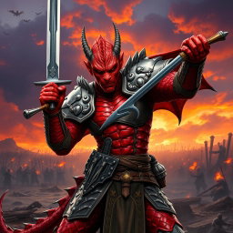 A fierce red dragonborn in intricately detailed armor, wielding a regular sword with confidence