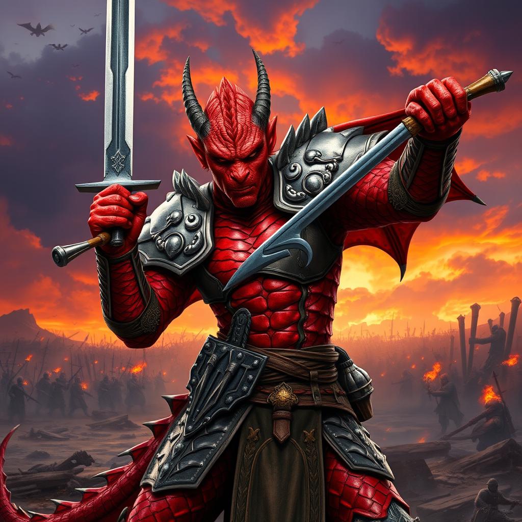 A fierce red dragonborn in intricately detailed armor, wielding a regular sword with confidence