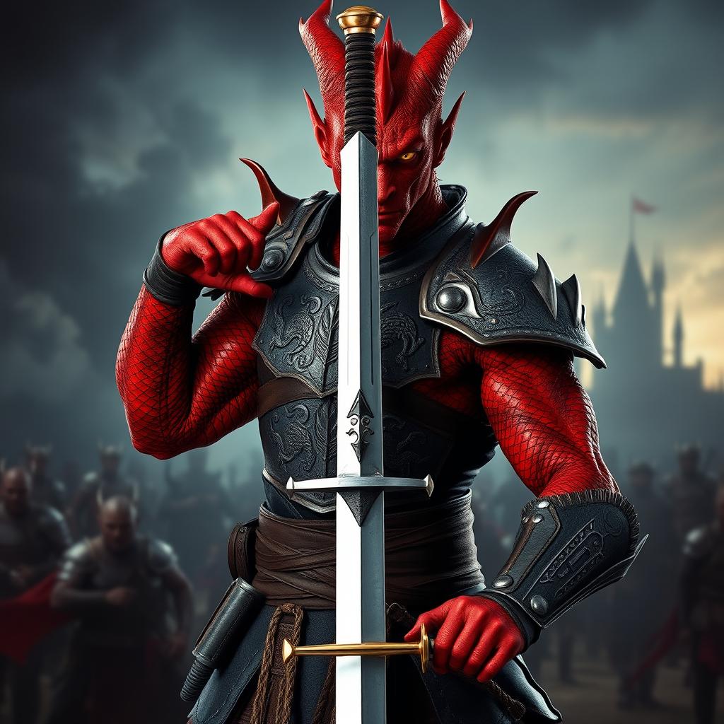 A half-red dragon human warrior, confidently wielding a regular sword