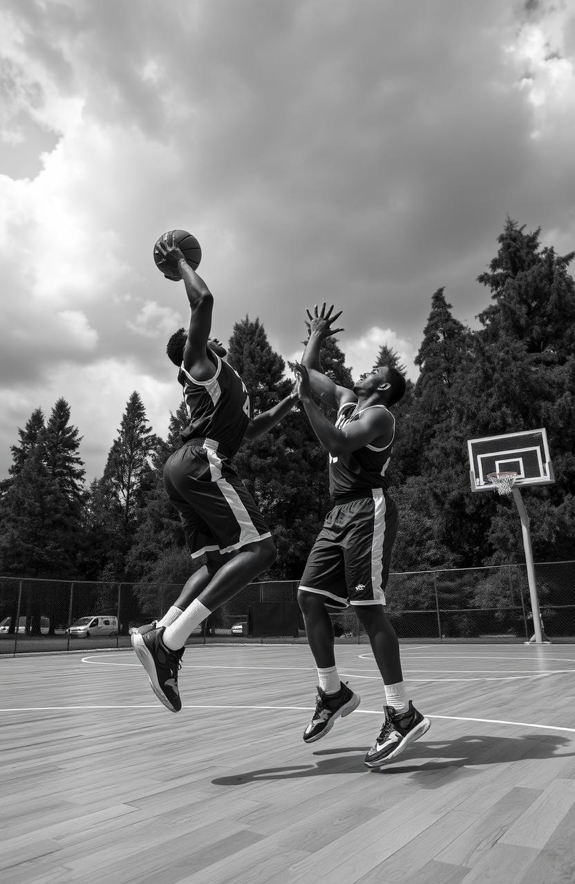 Two men playing basketball intensely on an outdoor court, captured in striking black and white