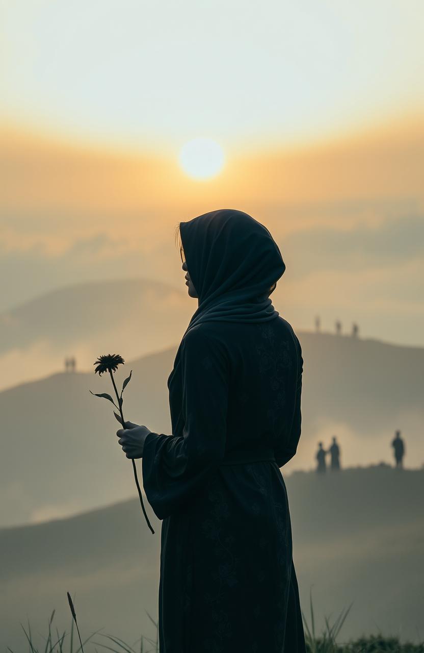 A melancholic woman in a traditional kebaya, standing on a misty hill at dawn, gazing into the horizon