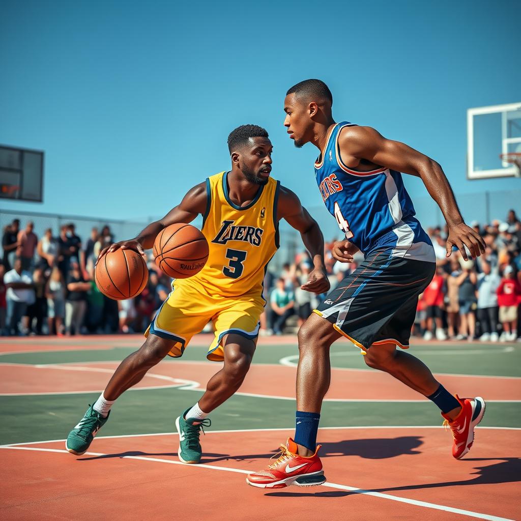 Two men, one with black skin and the other with white skin, playing basketball on an outdoor court