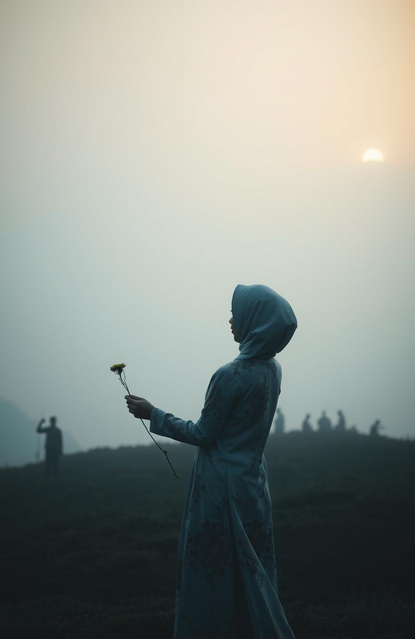 A melancholic woman wearing a beautiful kebaya, with no hijab, stands on a misty hill at dawn