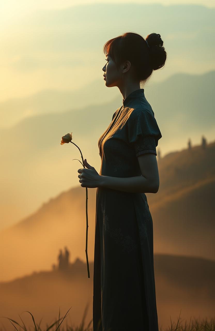 A melancholic thin woman dressed in a traditional kebaya, standing on a misty hill at dawn, gazing into the horizon