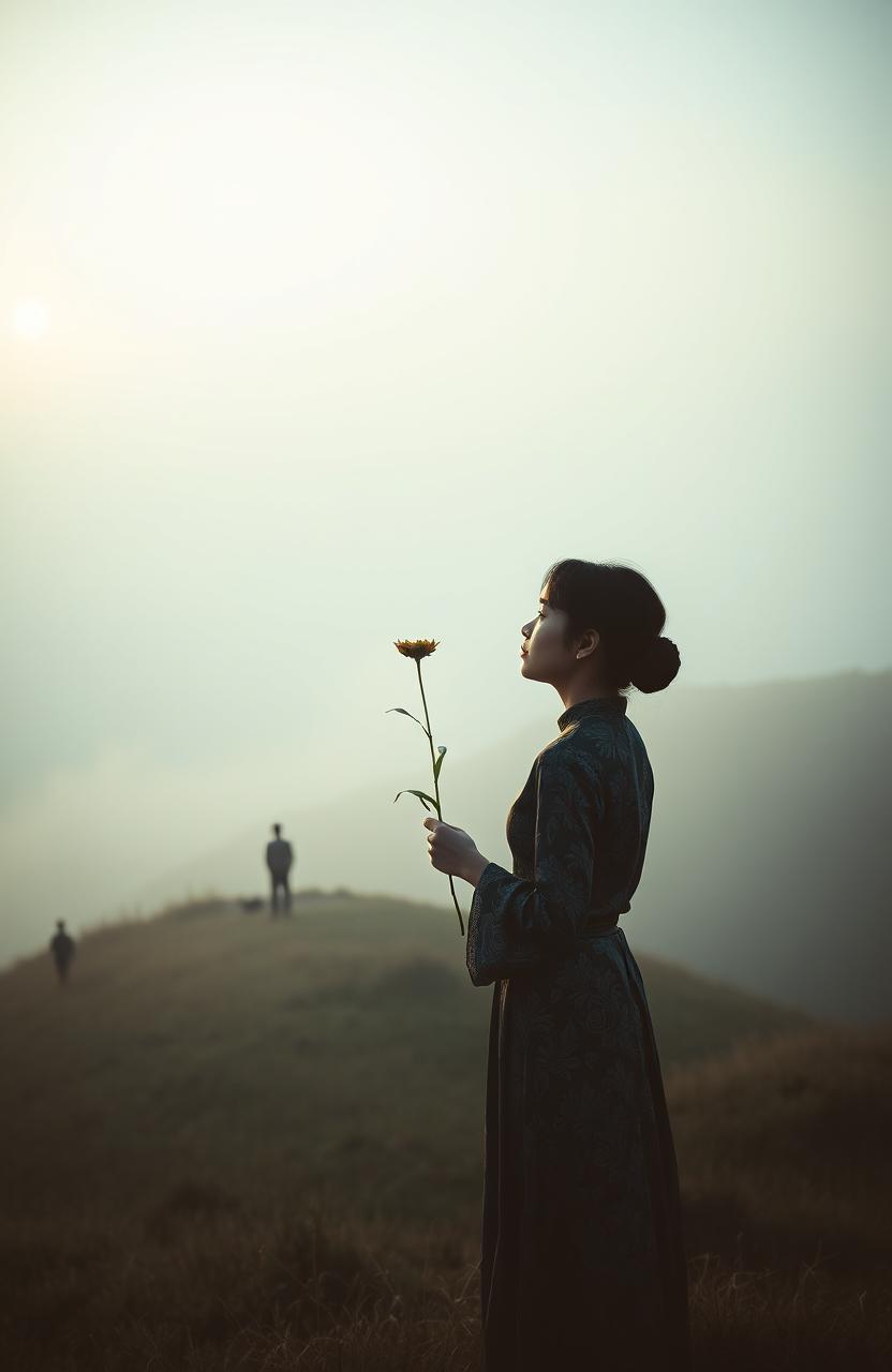 A melancholic thin woman dressed in a traditional kebaya, standing on a misty hill at dawn while gazing thoughtfully into the horizon