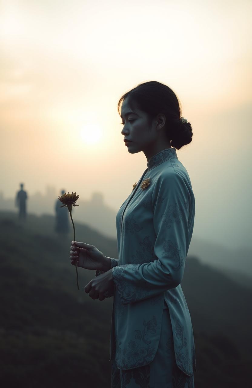 A melancholic thin woman dressed in a traditional kebaya, standing on a misty hill at dawn