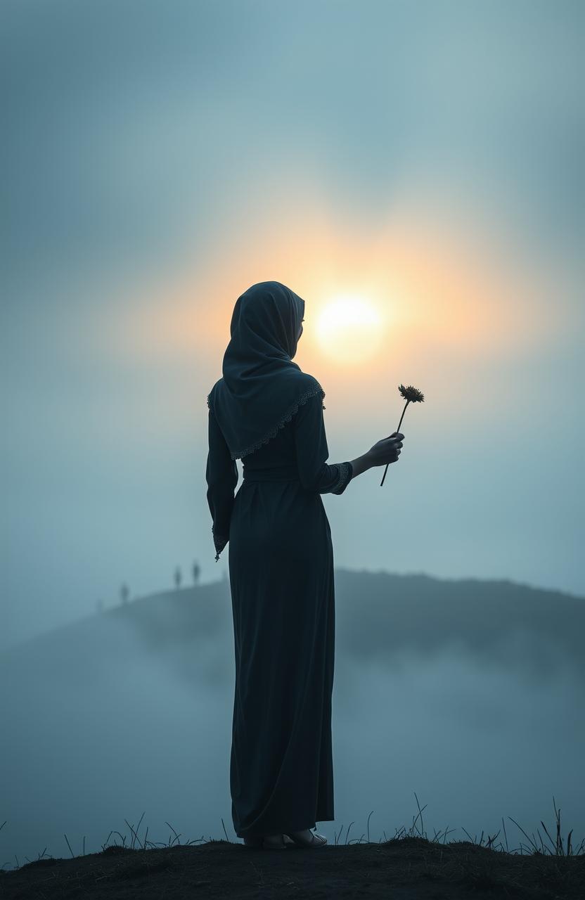 A melancholic thin woman wearing a traditional kebaya standing on a misty hill at dawn, viewed from afar
