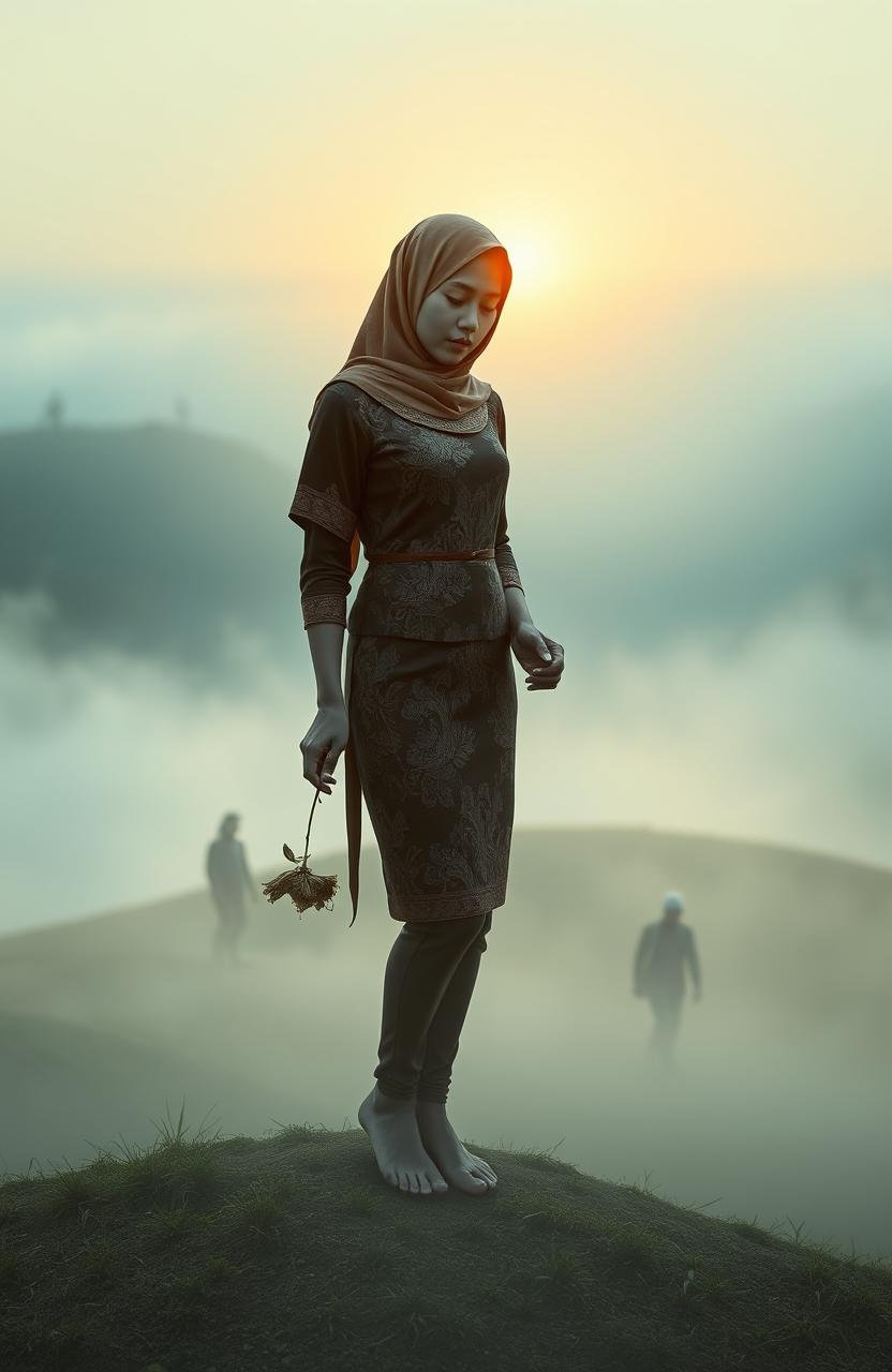 A melancholic thin woman wearing a traditional kebaya, standing on a misty hill at dawn