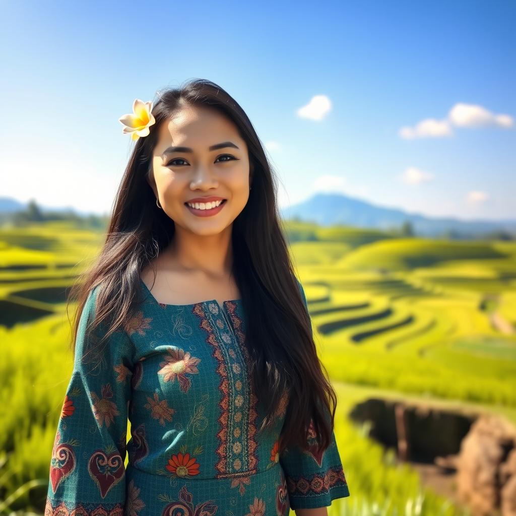 A beautiful Indonesian woman, wearing a traditional batik dress, standing gracefully in a scenic rice terrace landscape