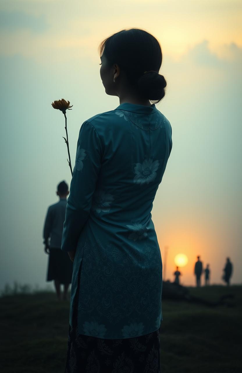 A melancholic thin woman wearing a traditional 'kebaya Indonesia', standing on a misty hill at dawn