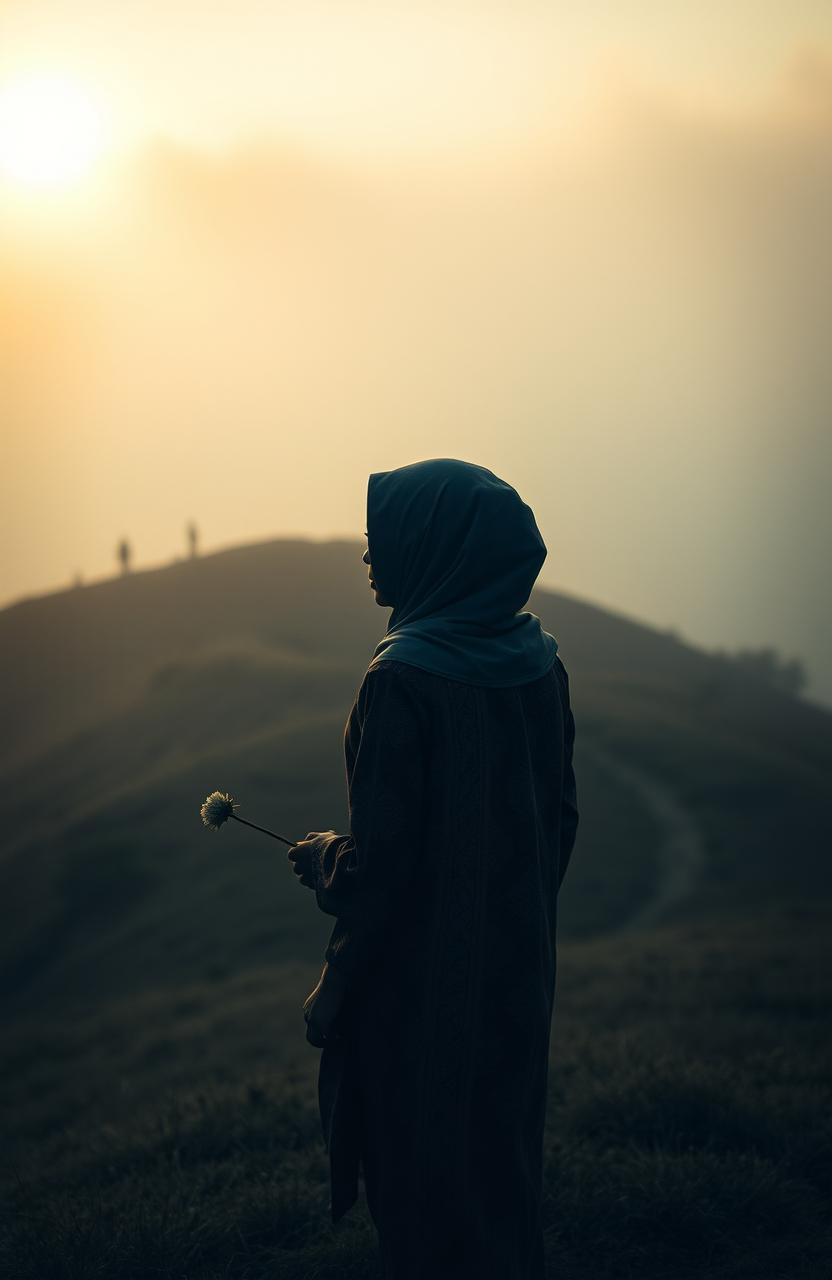 A melancholic thin woman wearing a traditional kebaya from Indonesia, without a hijab, standing on a misty hill at dawn seen from afar