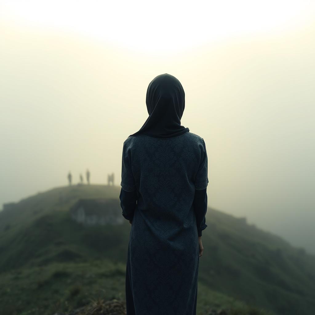 A melancholic thin woman wearing a traditional kebaya from Indonesia, without a hijab, stands on a misty hill at dawn